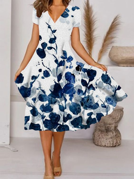 V Neck Floral Vacation Midi Prom Dress