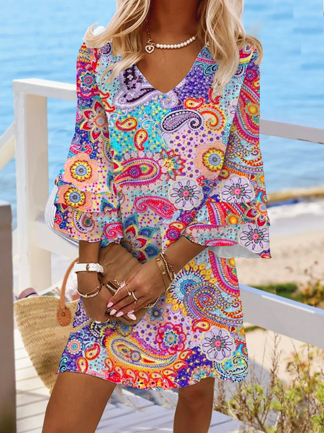 Tribal Boho V Neck Loosen Short Tunic Dress