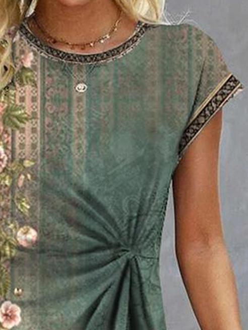 Regular Fit Floral Crew Neck Vintage Dress