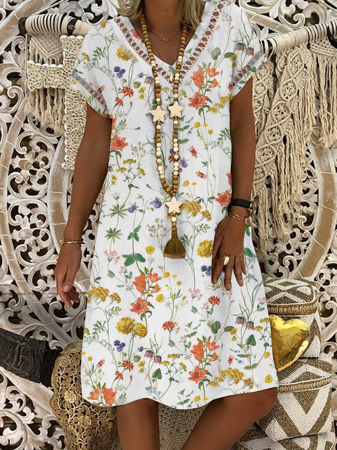 V Neck Floral Loose Vacation Dress