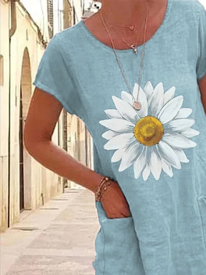 Crew Neck Linen Floral Casual Sunflower Pockets Short Sleeve Dress