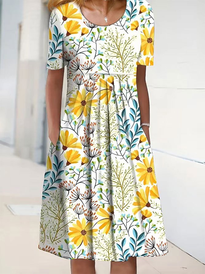 Round Neck Floral Casual Midi Dress