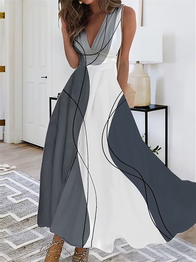 Elegant Abstract Stripes V Neck Dress With No