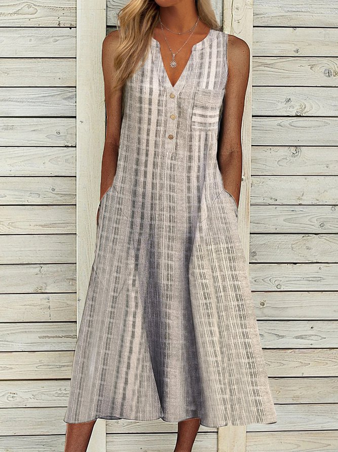 V Neck Geometric Casual Basic Midi Dresses