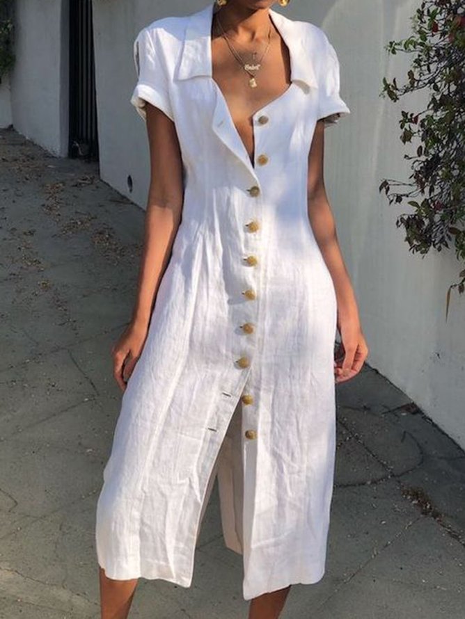 Linen Summer Buttoned Solid Maxi Shirt Dress