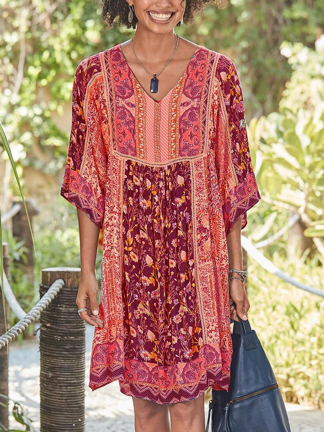 Half Sleeve Casual Cotton-Blend V Neck Weaving Dress