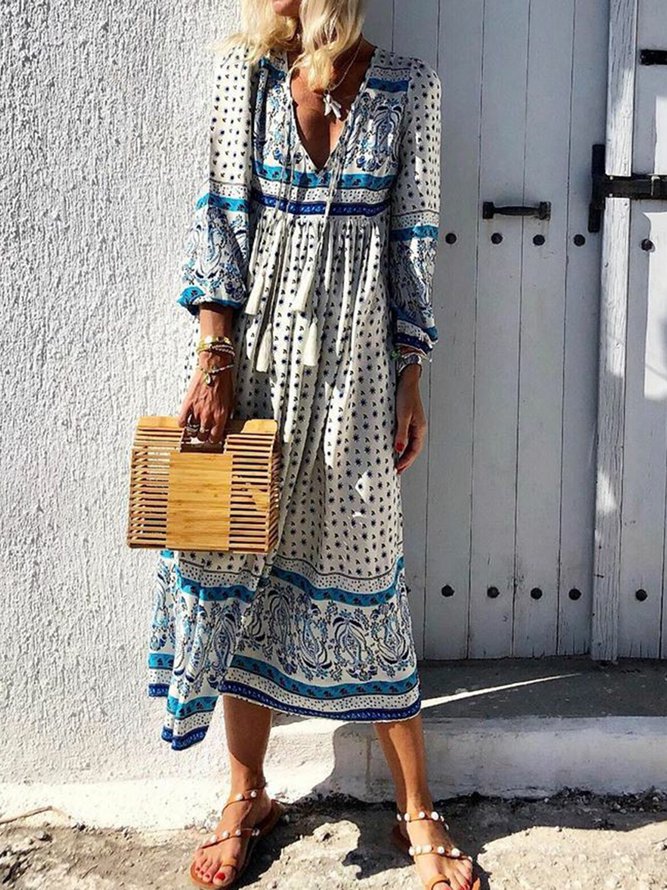 V-Neck Women Dress Daytime Boho Paneled Dress