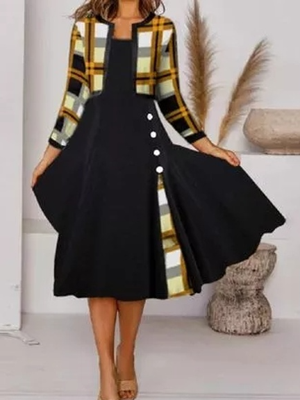 Color Block Tunic Round Neckline Midi A-line Dress