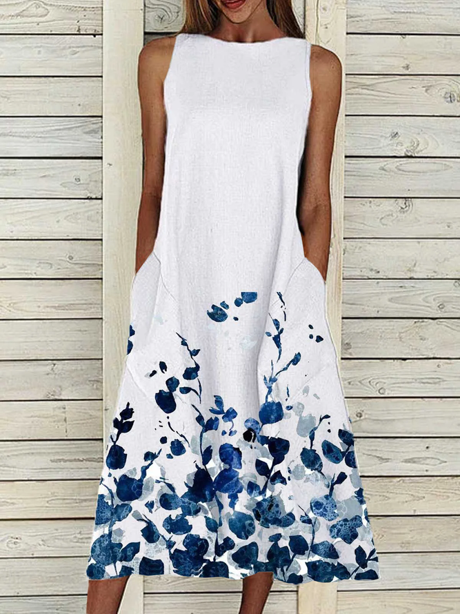 White Cotton Round Neck Patchwork Casual Weaving Dress
