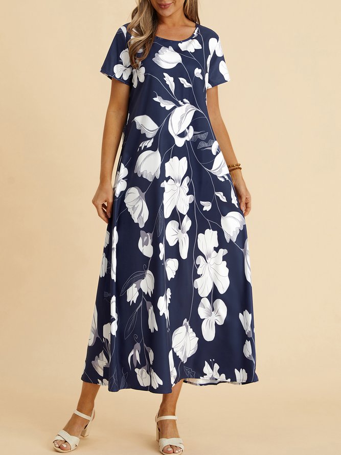 Cotton Blends Floral Loosen Short Sleeve Woven Dress