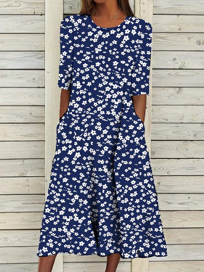 Ditsy Floral Round Neck Casual Midi Dress