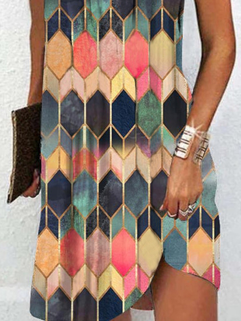 Casual Regular Fit V Neck Geometric Dress