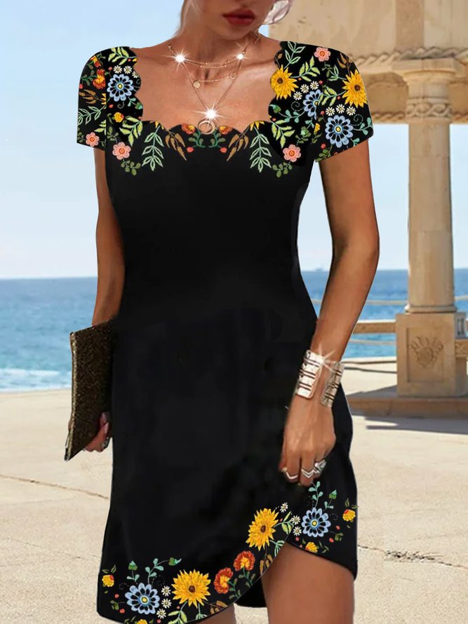 Square neck Floral Elegant Casual Mini Prom Dress