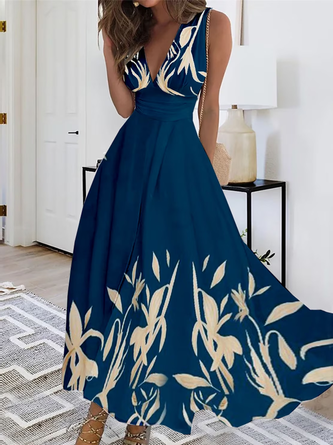 Summer Casual Leaf V Neck Dress