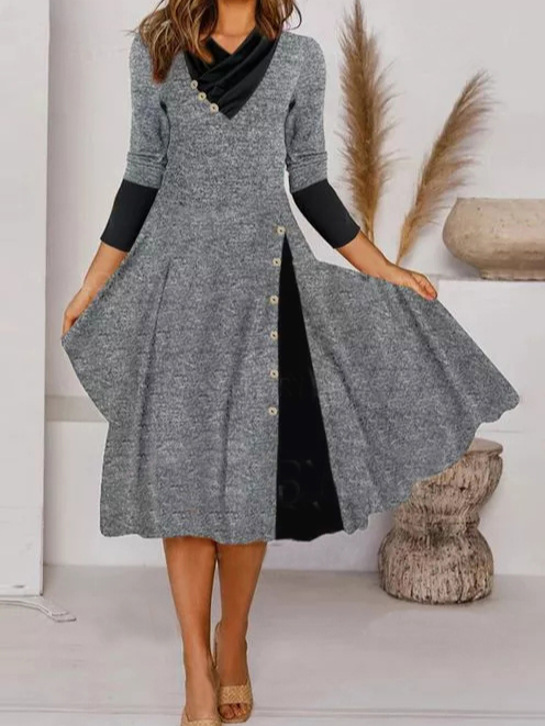 Color Block Tunic V-Neckline Midi A-line Dress