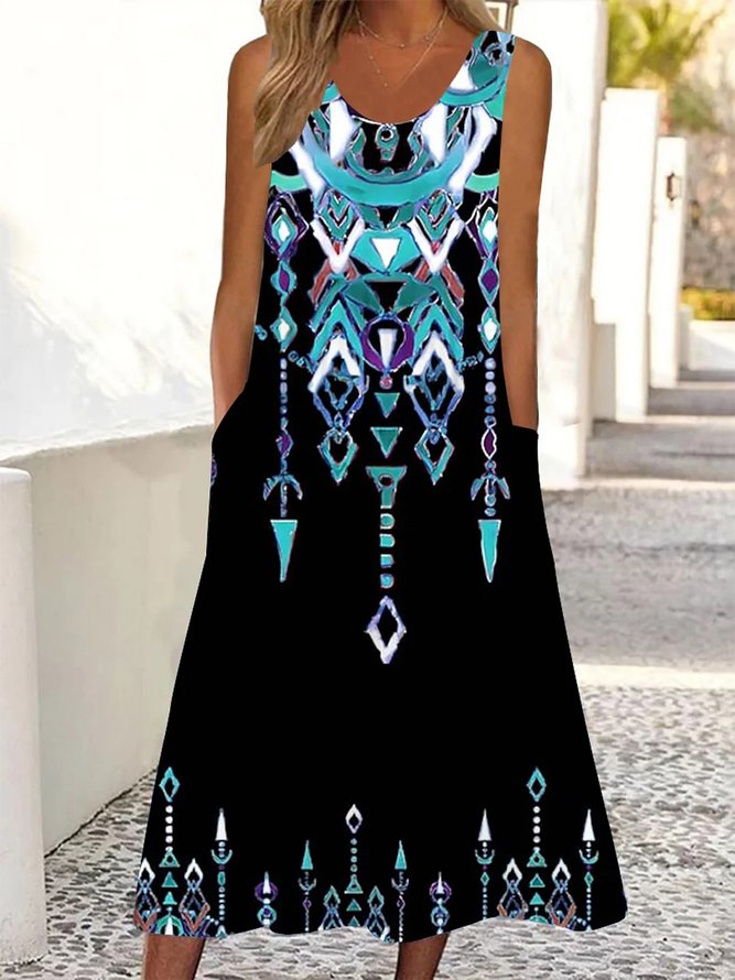 Loose Ethnic Scoop Neck Casual Dress