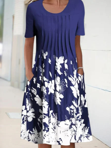Round Neck Floral Vacation Midi Dress