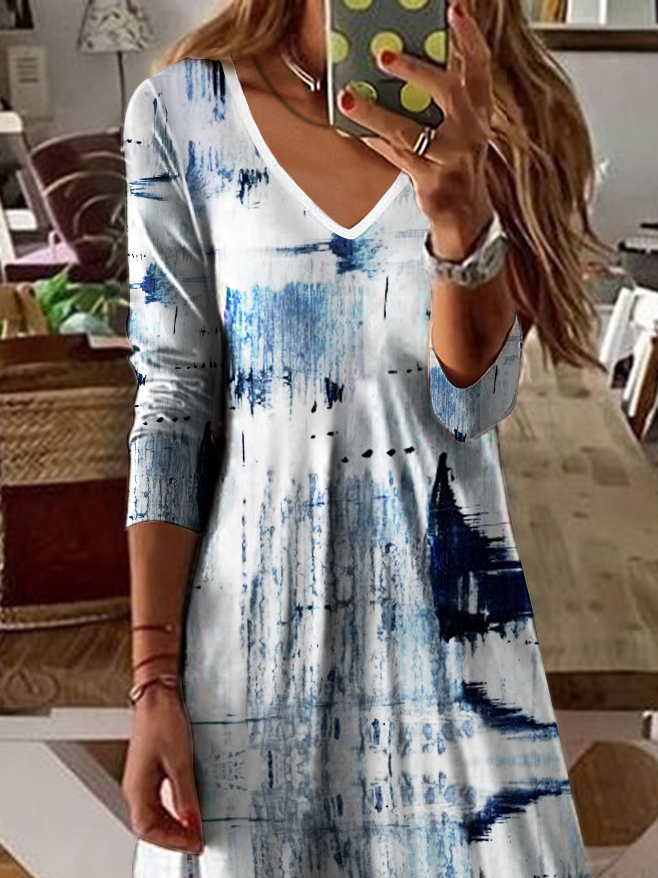 V Neck Geometric Casual Maxi Dress