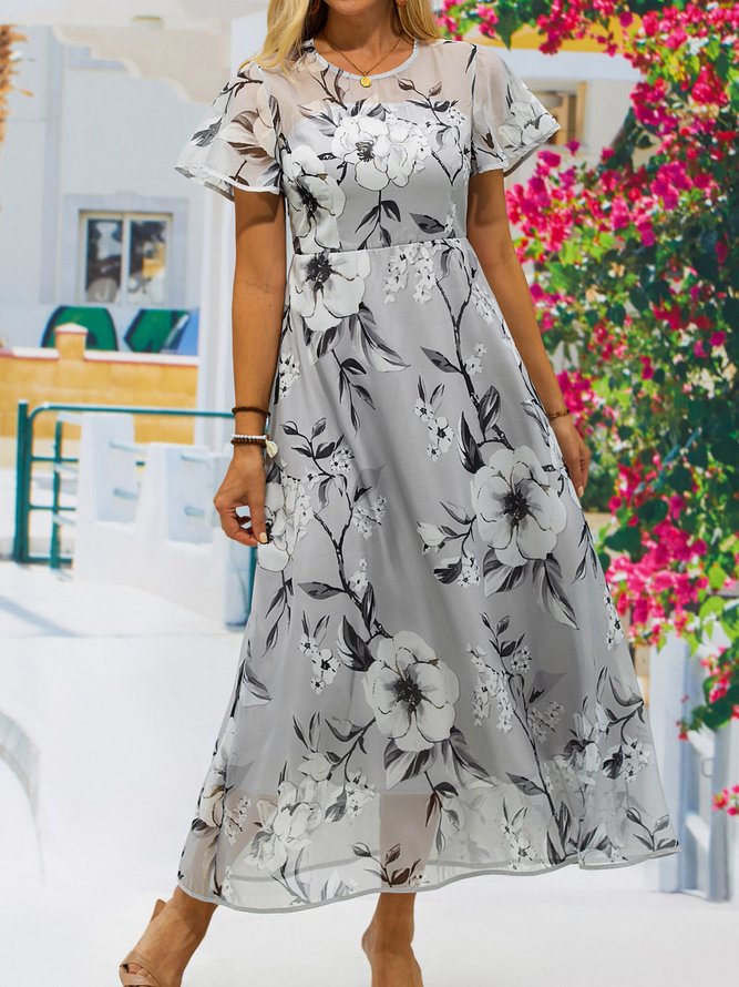 Regular Fit Crew Neck Zipper Vacation Dress