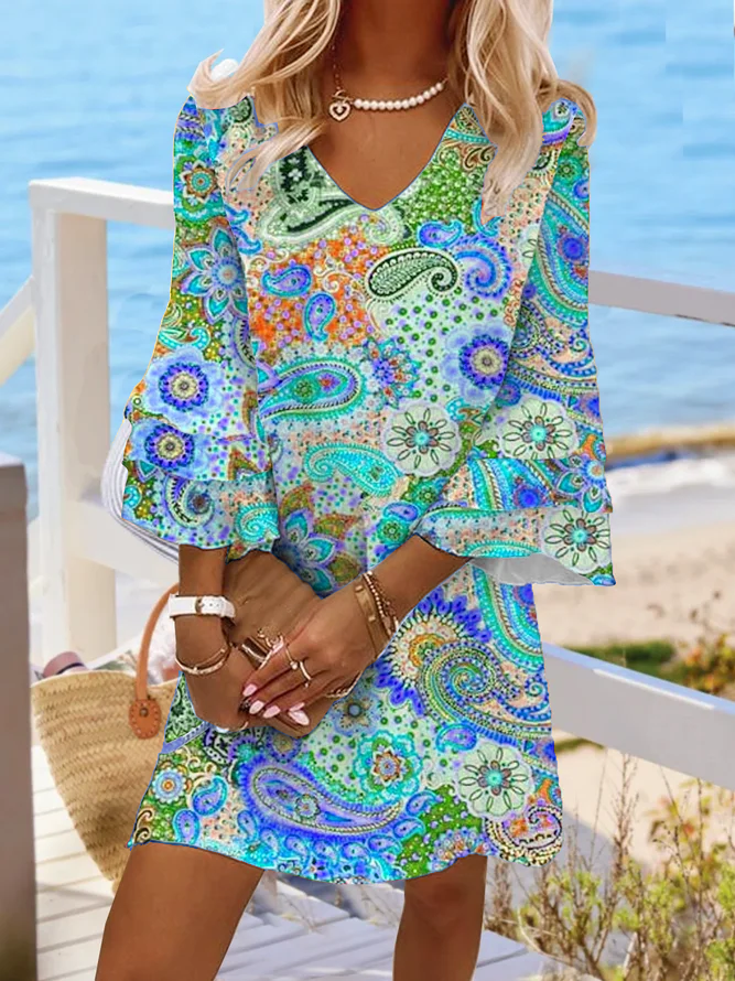 Tribal Boho V Neck Loosen Short Tunic Dress