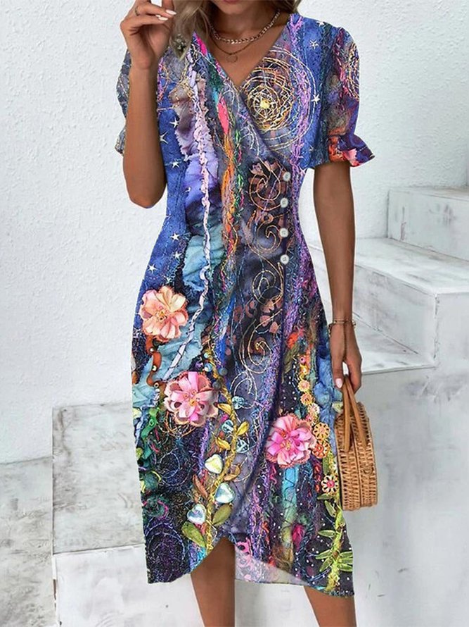 Regular Fit Cross Floral Flounce Sleeve Wrap Hem Dress