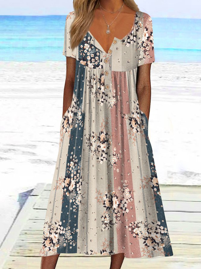 Henley Neck Floral Stripe Casual Midi Dress