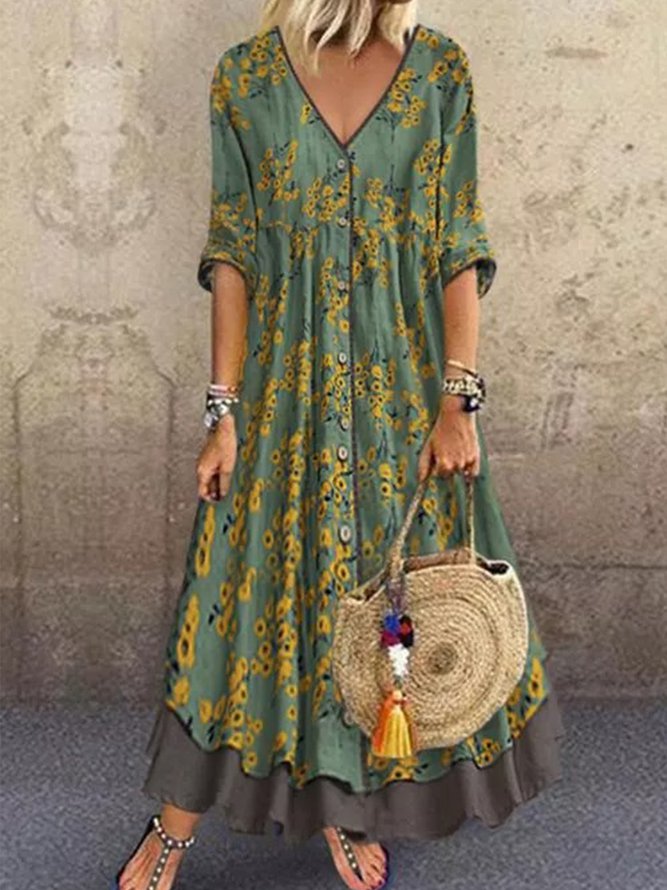 Shift Casual 3/4 Sleeve V Neck Dress