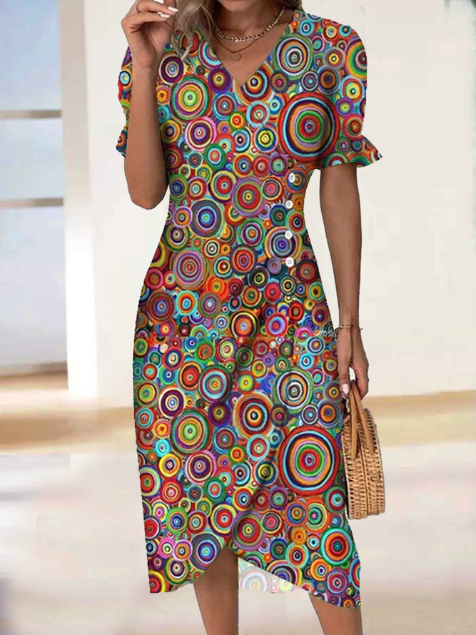 Retro V-Neck Multicolor Midi Dress