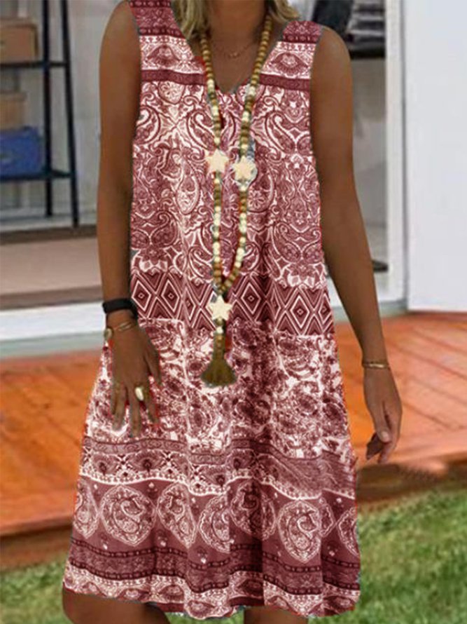 Casual Sleeveless V Neck Printed Weaving Dress