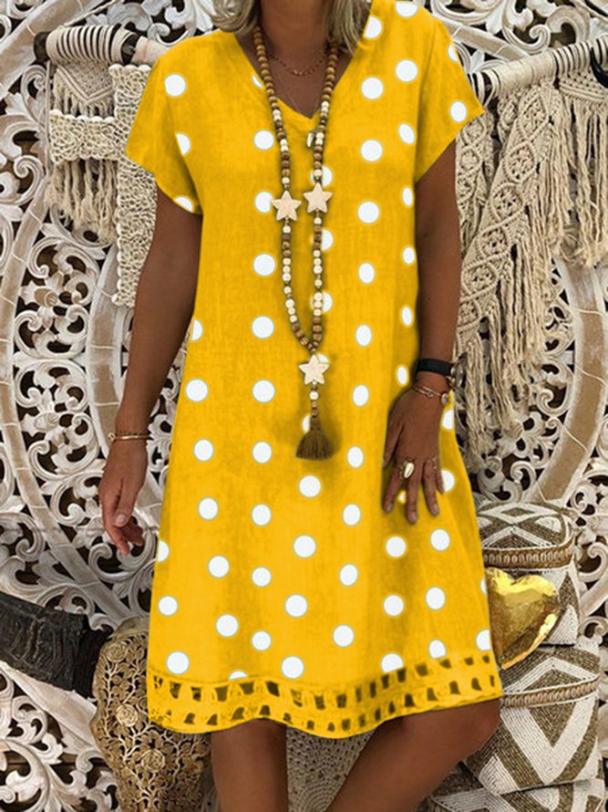 V Neck polka dots Casual Midi Linen Dress