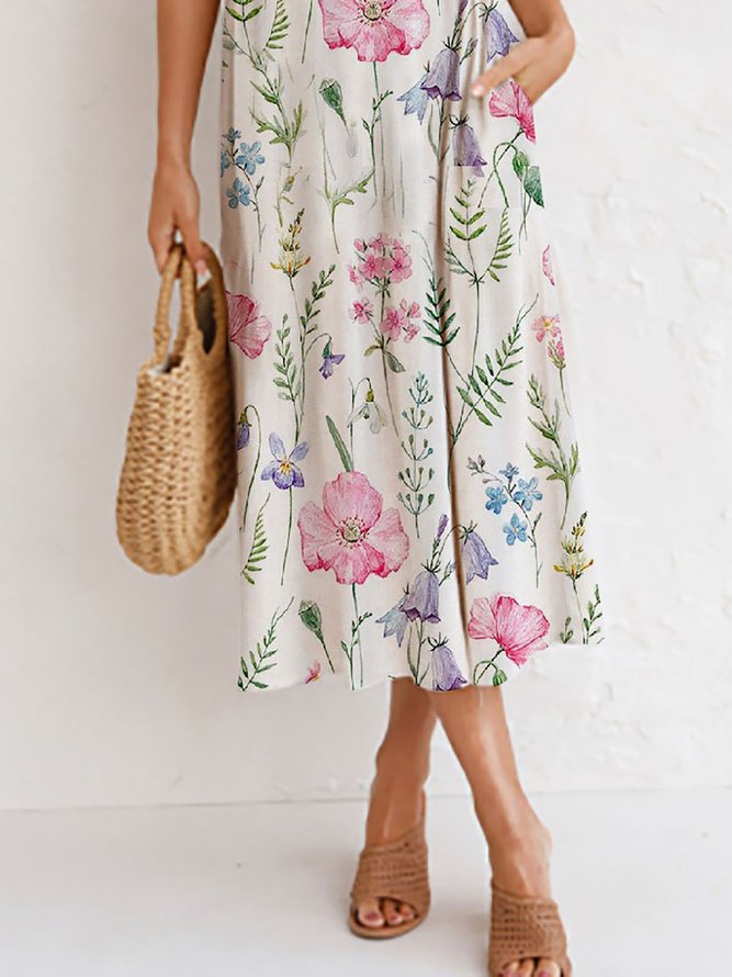 Round Neck Floral Elegant Casual Midi Dress