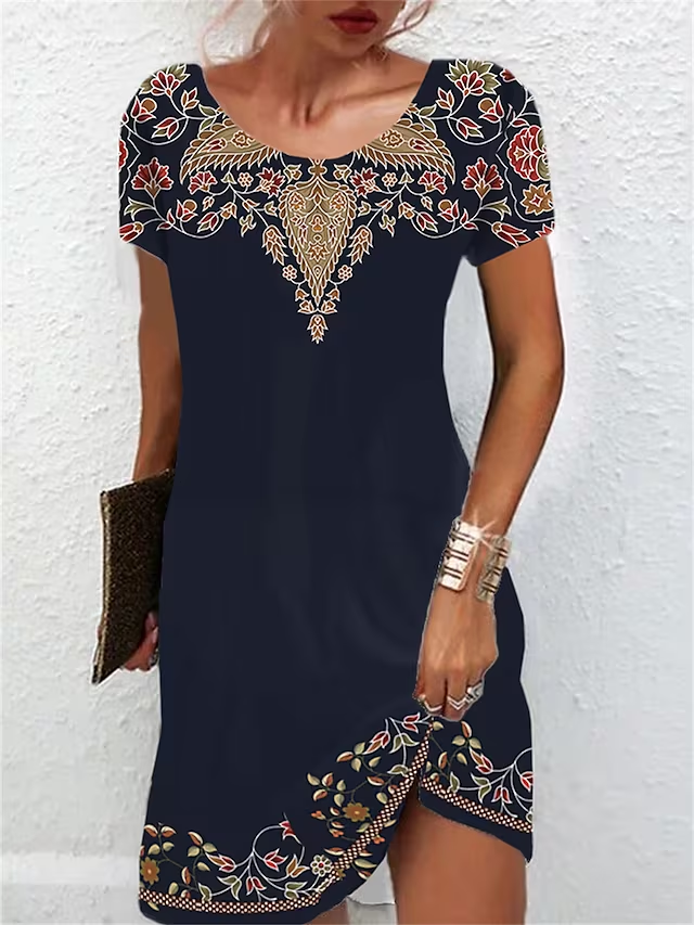 Crew Neck Ethnic Loose Boho Dress