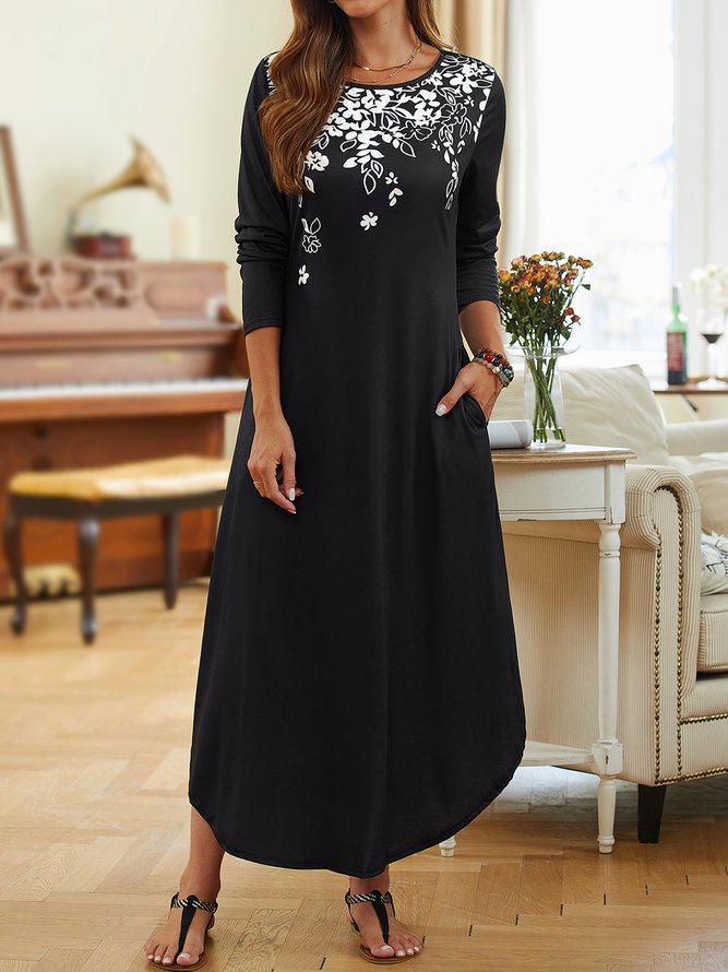 Shift Long Sleeve Crew Neck Floral Knitting Dress