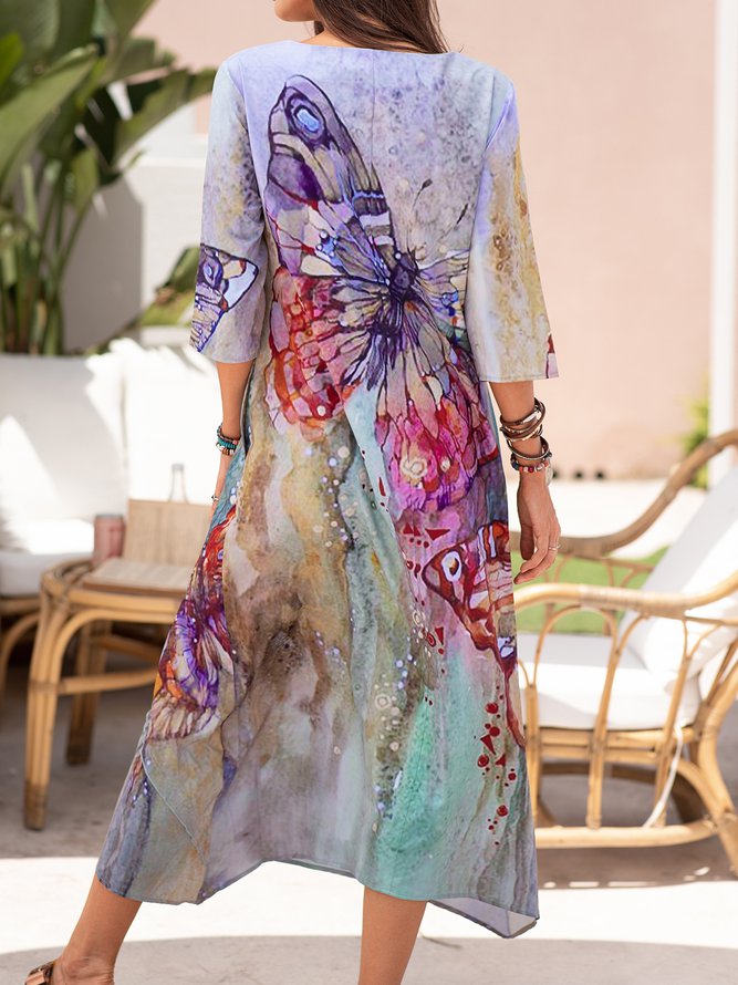 Round Neck Floral Vacation Midi Dress