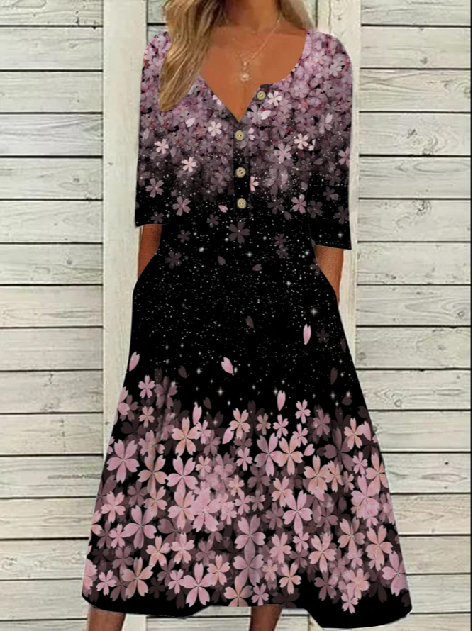 V Neck Floral Vacation Midi Dress