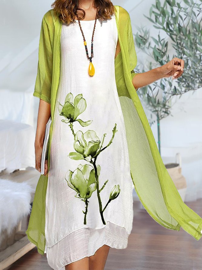 Round Neck Two Piece Floral Linen Casual Midi Dresses