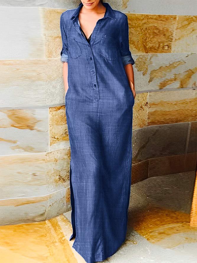 Faux Denim Shirt Collar Casual Loose Denim Dress
