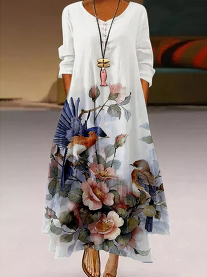 Round Neck Floral Vacation Midi Dress